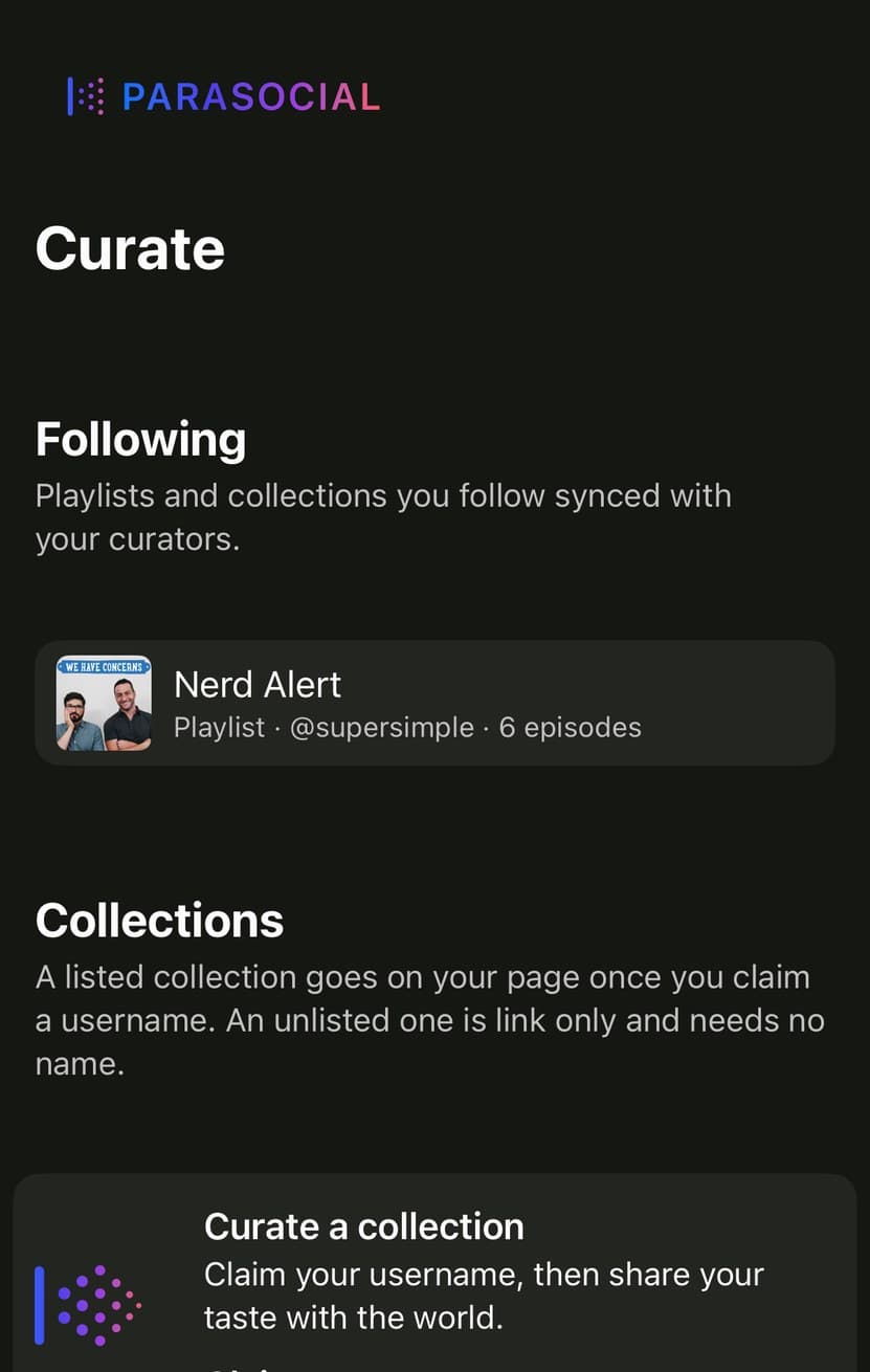 The Curate tab in Parasocial, with Following, Collections and Claim a Username.
