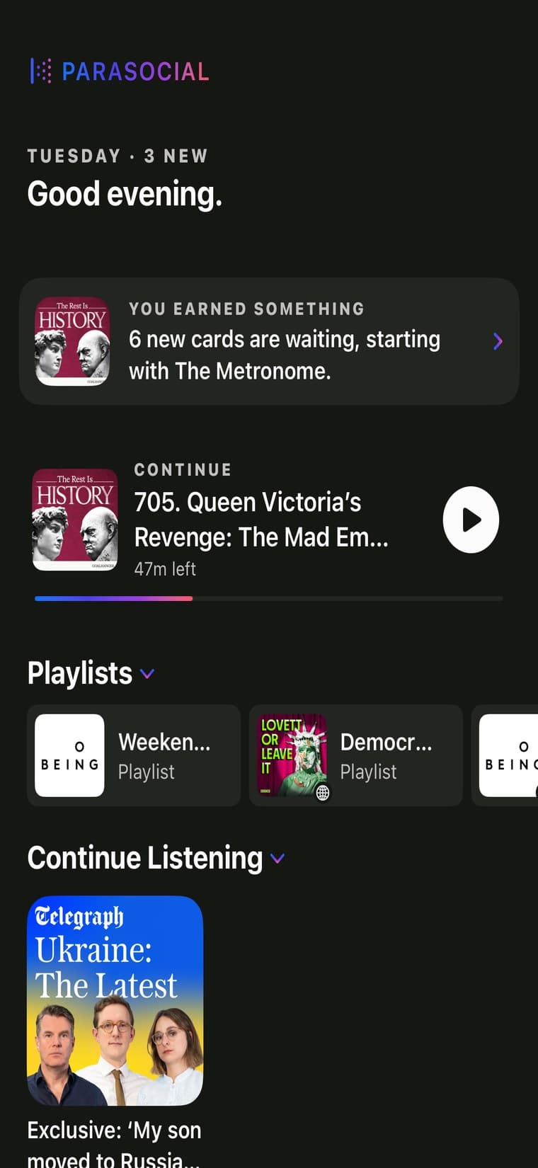 The Parasocial home screen.