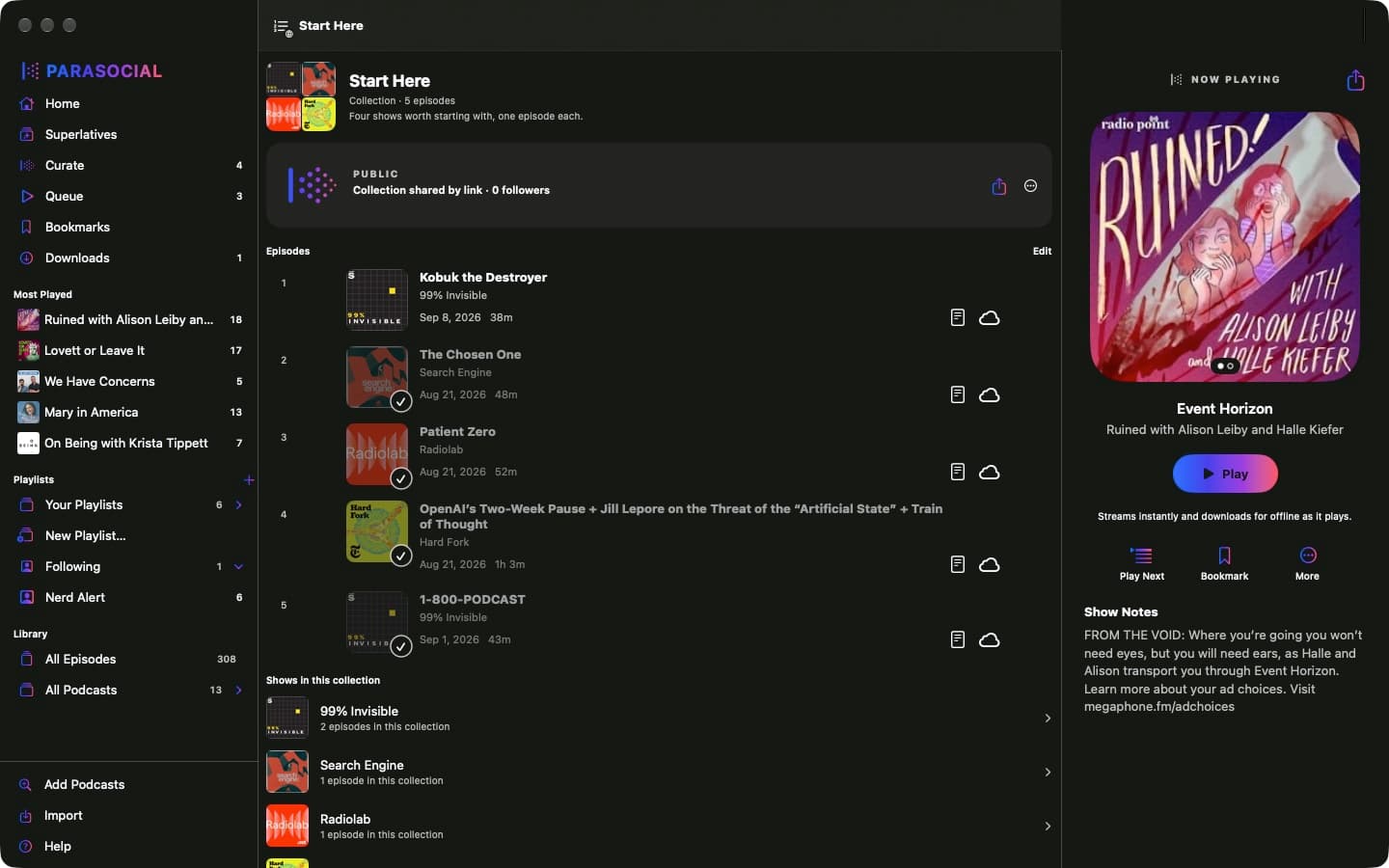A Collection of episodes in Parasocial on a Mac, with Shows in this collection under the numbered episode list.