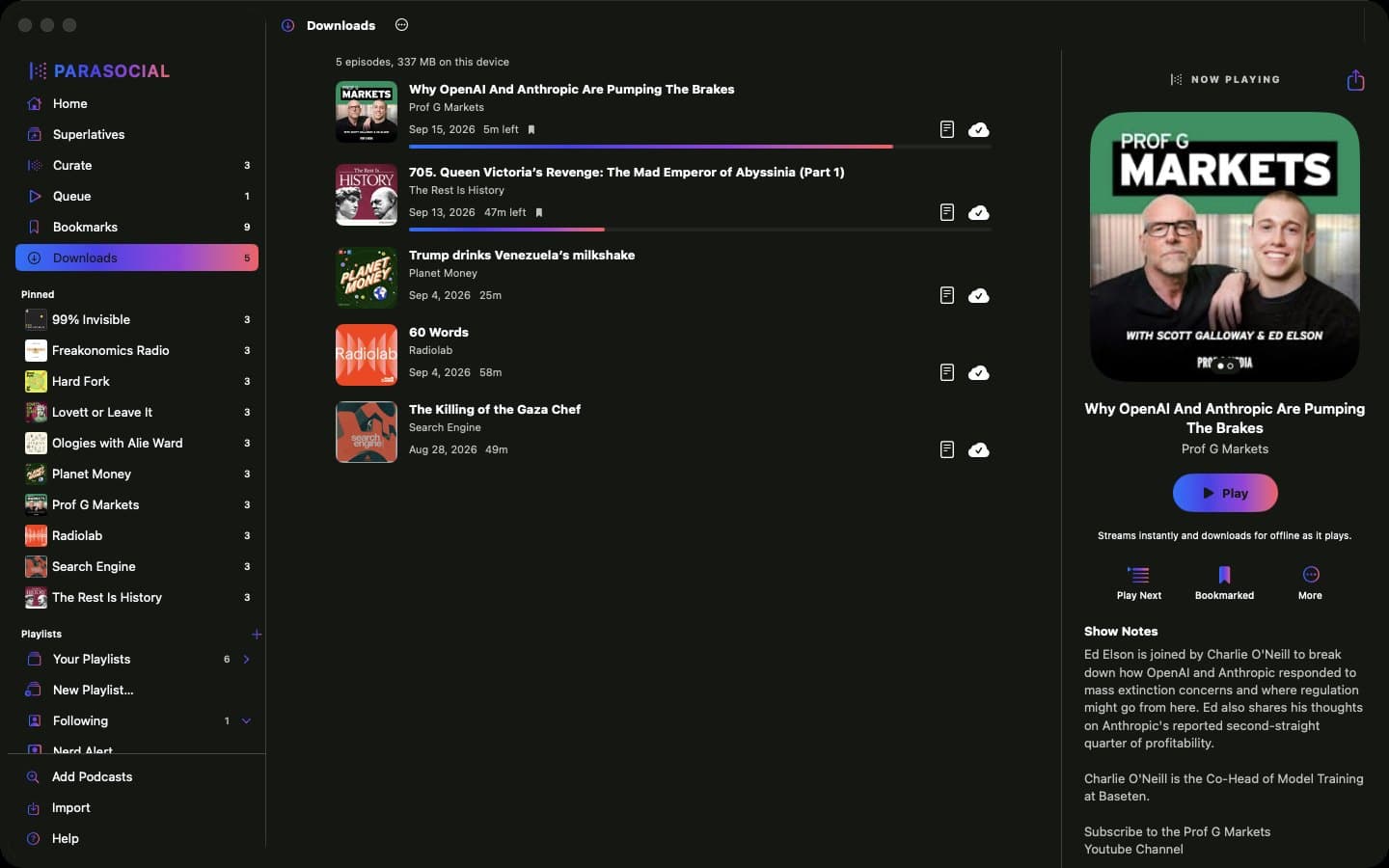 The Downloads page in Parasocial on a Mac.