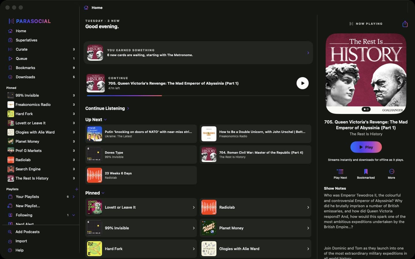 Parasocial on a Mac: the sidebar, Home, and the player column.