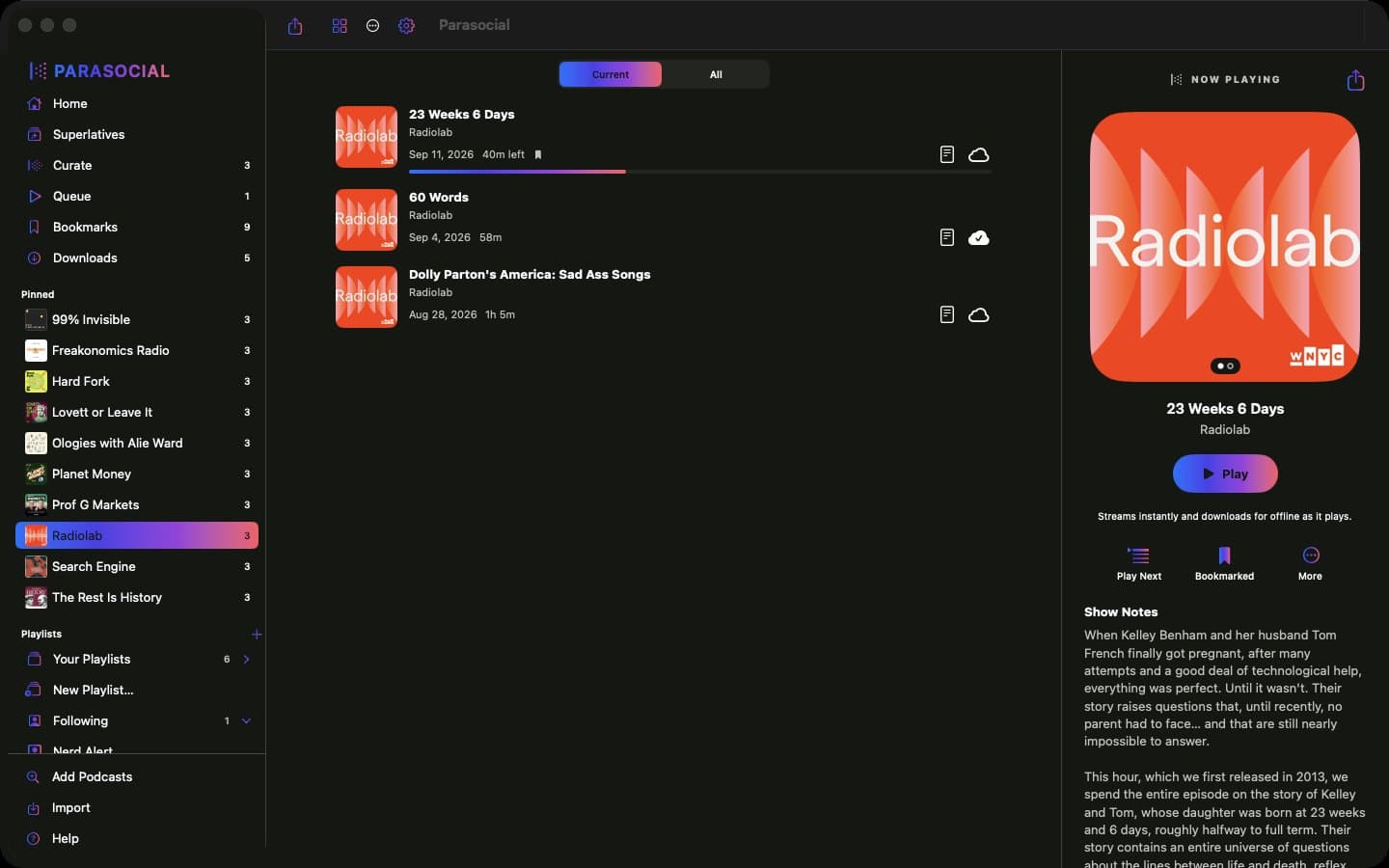 A show in Parasocial on a Mac, with the Current and All filter.