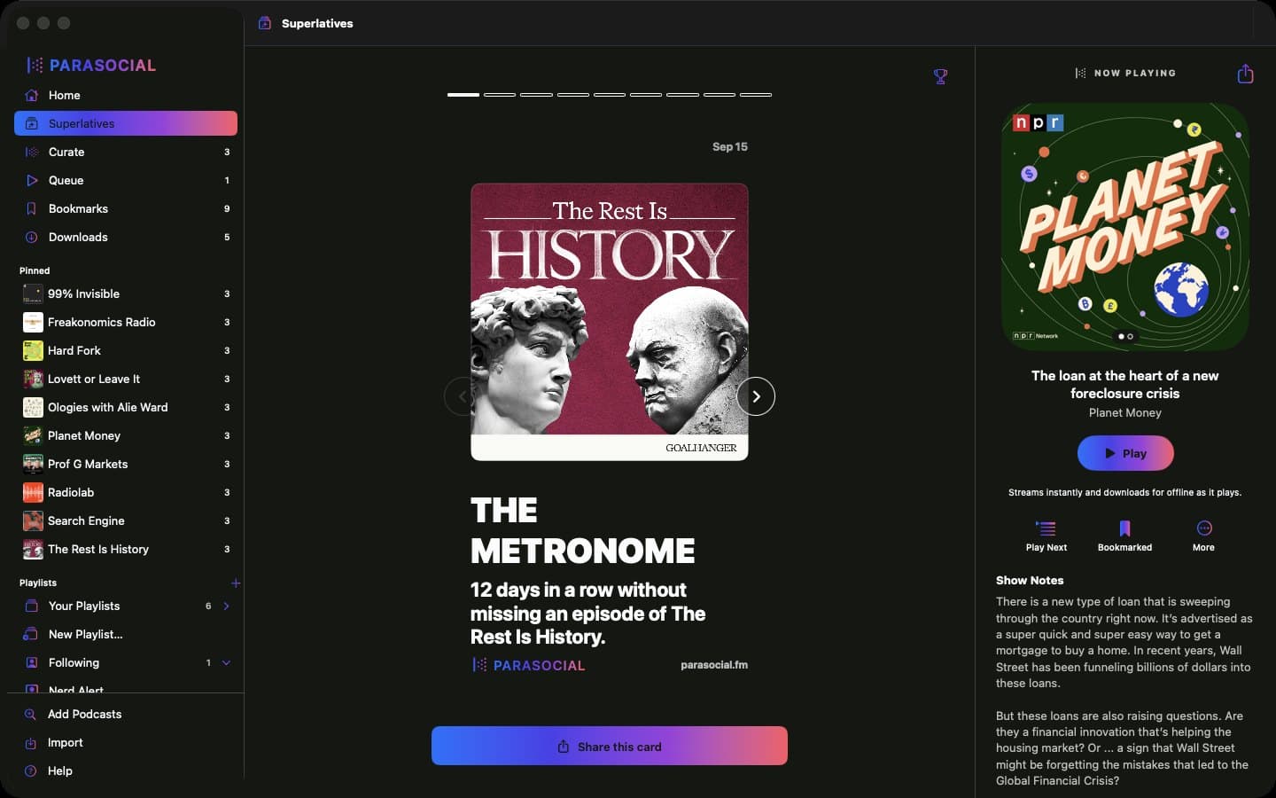 A Superlatives card in Parasocial on a Mac.