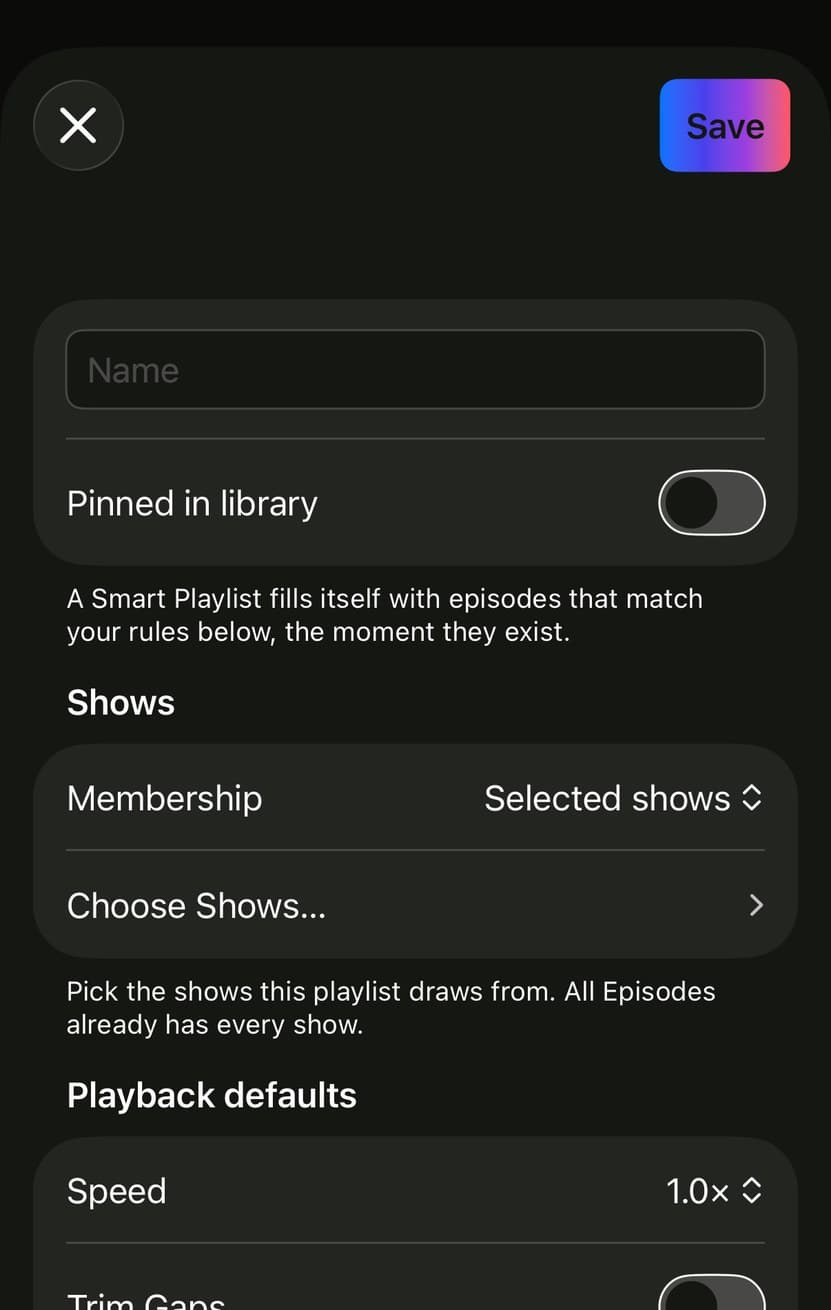 A Smart Playlist's rules in Parasocial: Include episodes that are Unplayed and In progress.