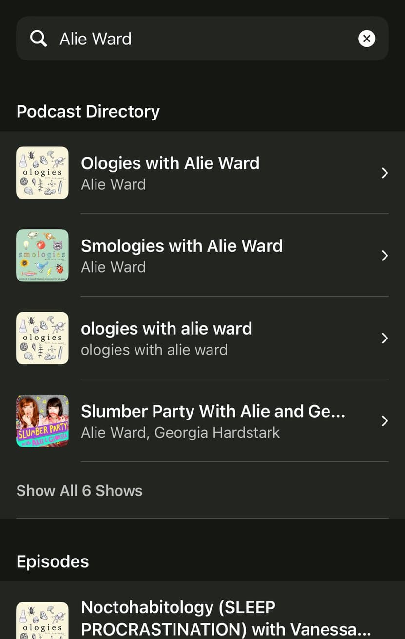 A search for Alie Ward in Parasocial: her shows under Podcast Directory, and her episodes below.