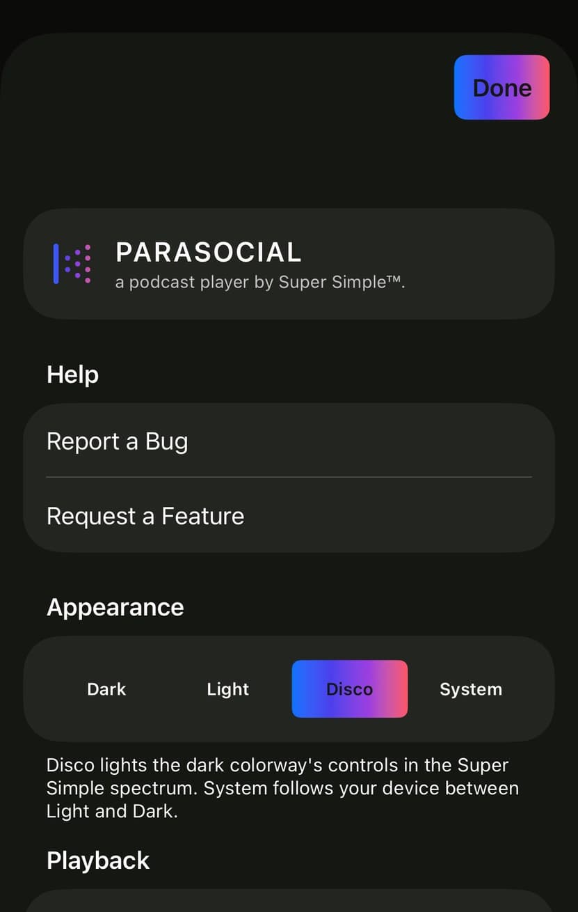 Settings in Parasocial, showing Downloads on disk and Remove played downloads set to After 24 Hours.