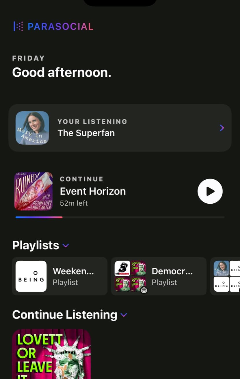 The Parasocial home screen, with your shows back in place.