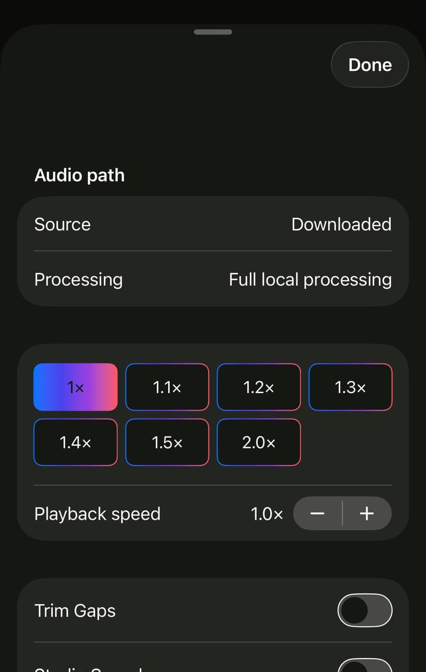 The audio sheet in Parasocial, with Trim Gaps, Studio Sound and Beginning and end.