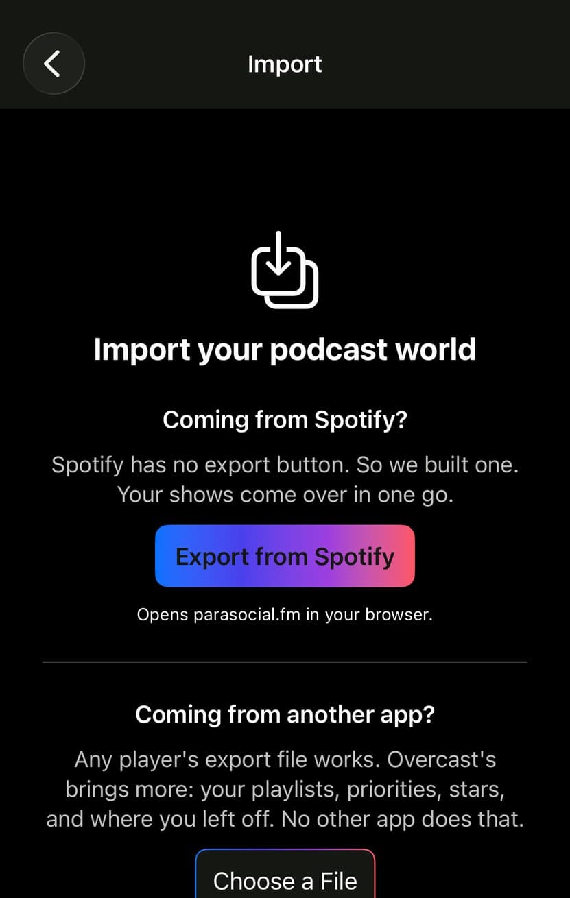 The Import screen in Parasocial, with Export from Spotify and Choose a File.