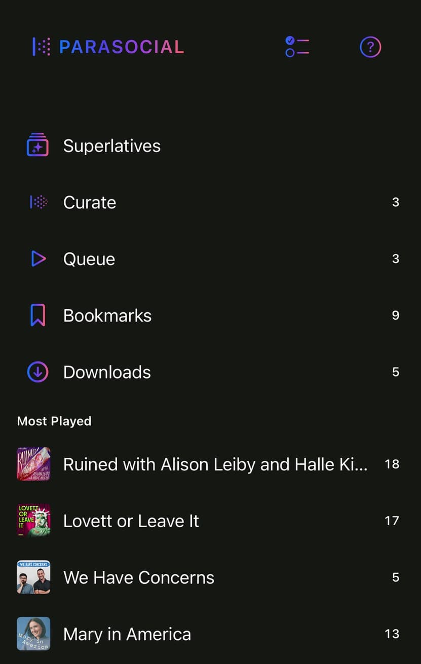 The Library tab in Parasocial: Superlatives, Curate, Queue, Bookmarks and Downloads, then your shows.