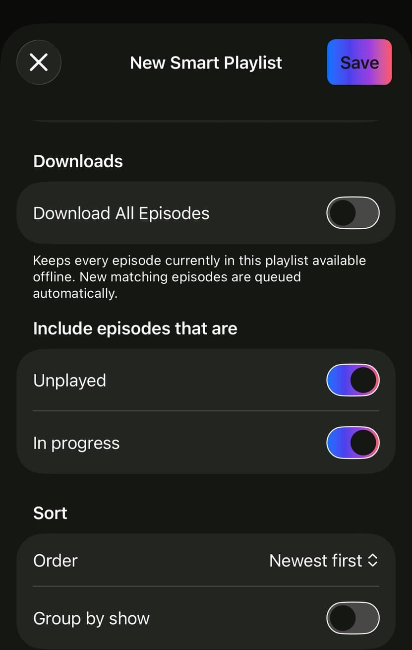 A Smart Playlist's rules in Parasocial: Include episodes that are Unplayed and In progress.