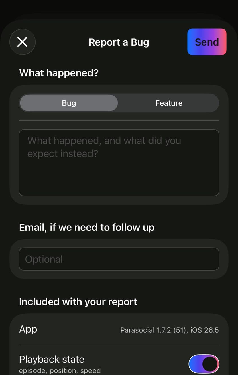 The Report a Bug sheet in Parasocial, with a Bug and Feature toggle and what gets included.