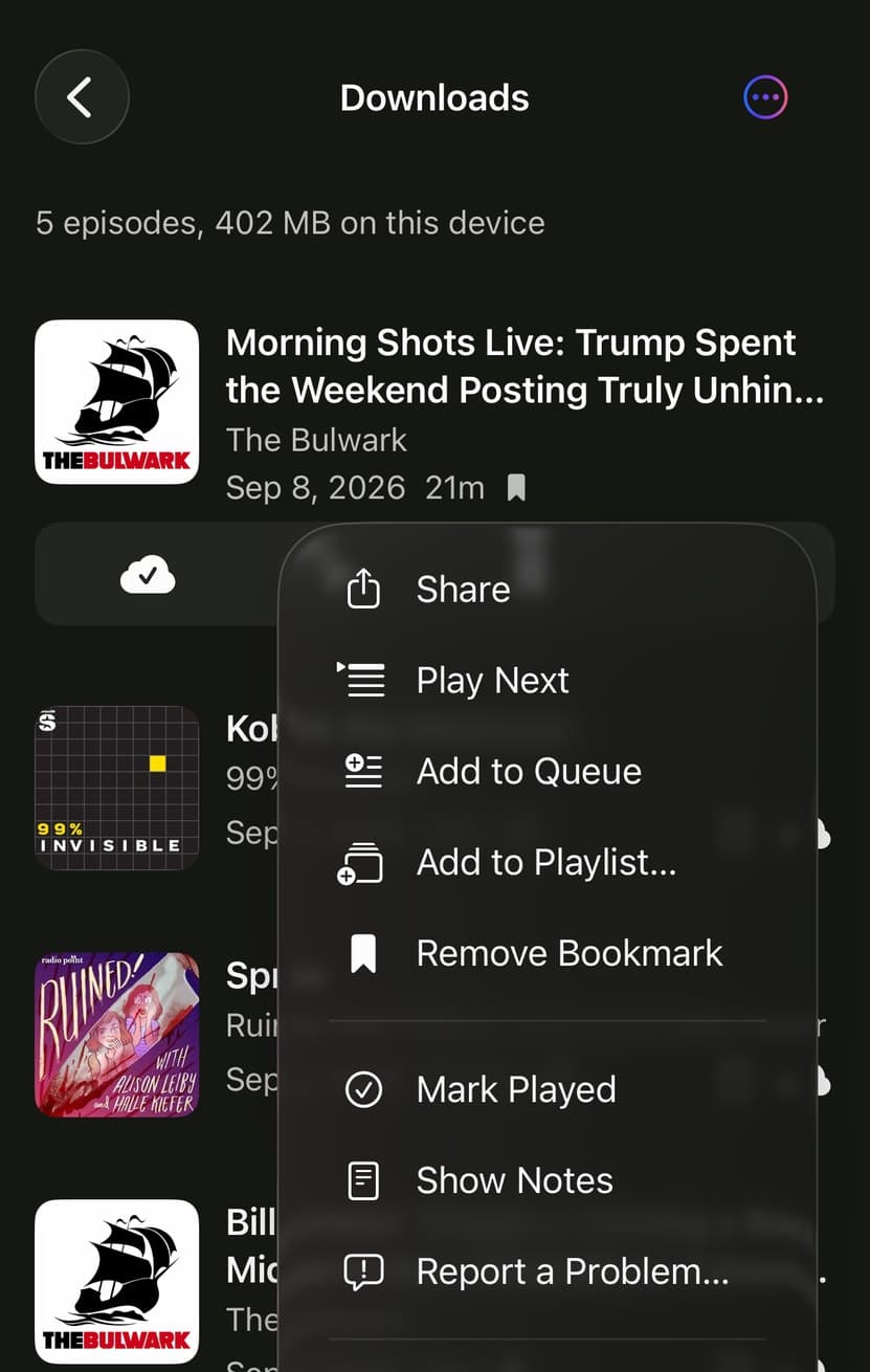 An episode's menu in Parasocial, with Remove Download at the bottom.