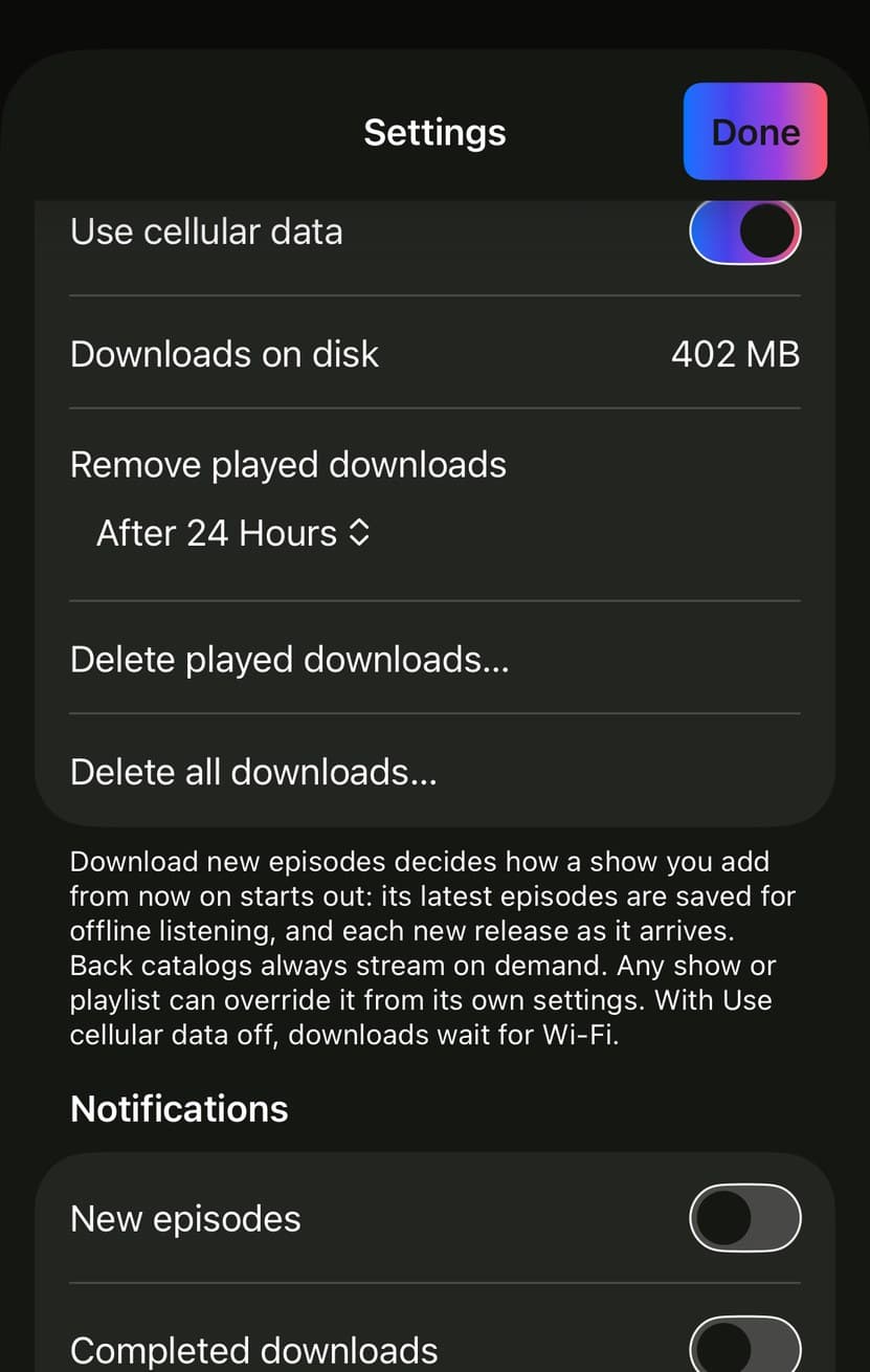 Settings in Parasocial, showing Downloads on disk and Remove played downloads set to After 24 Hours.