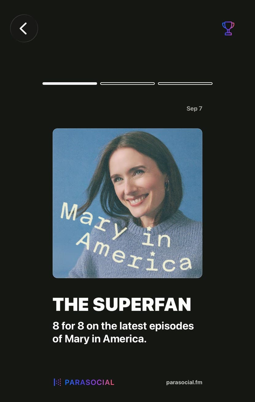 A Superlatives card in Parasocial: The Superfan, eight for eight on the latest episodes.