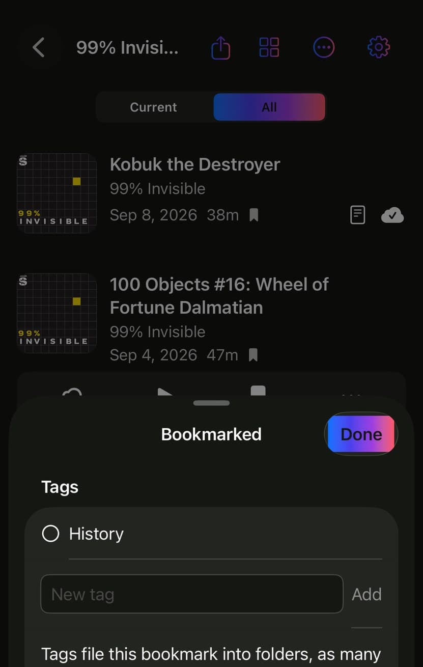 Parasocial asking how to file a new bookmark, with a tag list and a New tag field.